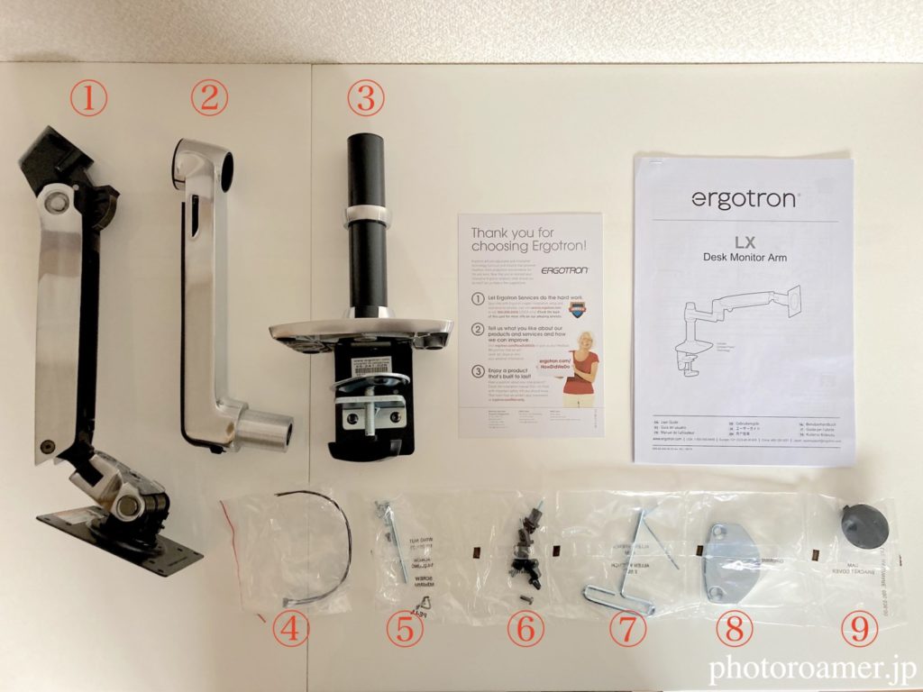 エルゴトロン モニターアーム 内容物 番号付き