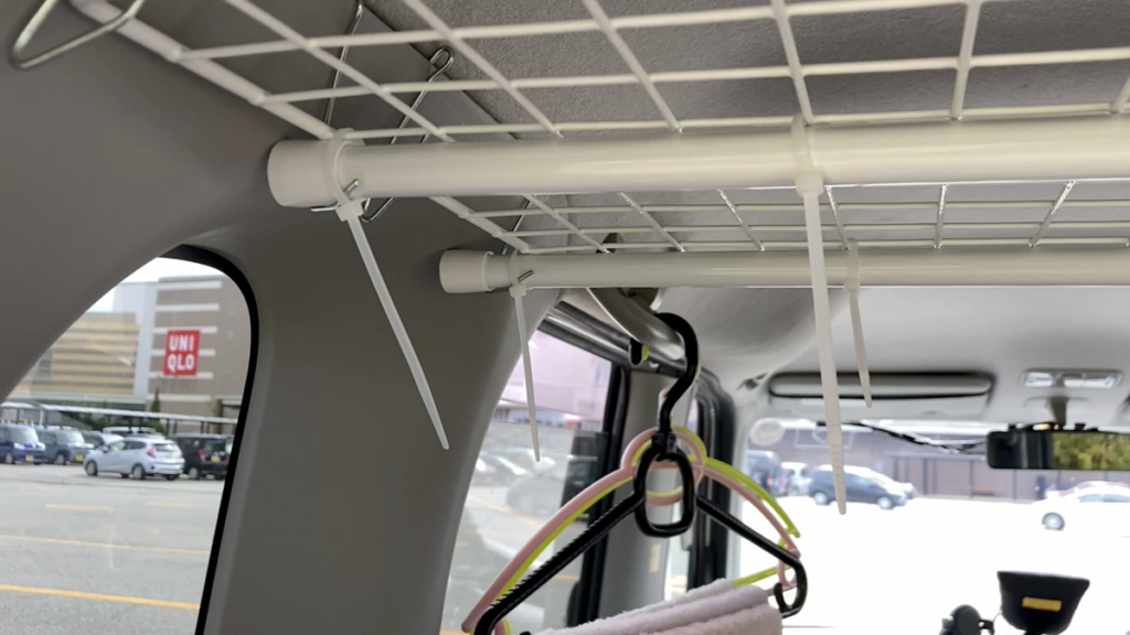 タント 車中泊 天井収納 突っ張り棒 2本補強 結束バンド 素人DIY